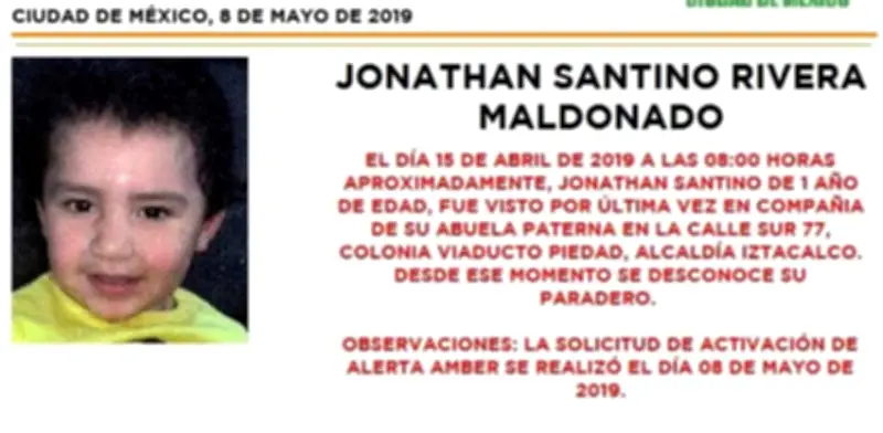 Alerta Amber activada para localizar a Jonathan Santino, niño de 1 año desaparecido en Iztacalco
