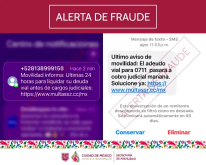 Alerta de Semovi: SMS falsos sobre multas vehiculares son un fraude masivo