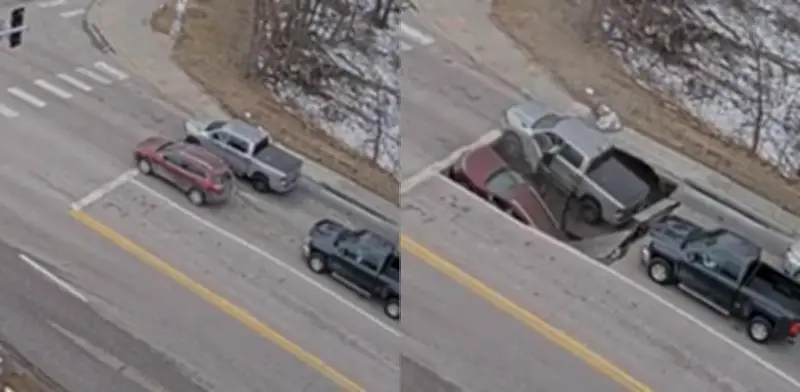 Socavón devora dos autos en Omaha: conductores obedecen señal y evitan tragedia mayor