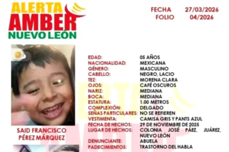 Autoridades emiten Alerta Amber por menor visto en situación de calle en Nuevo León