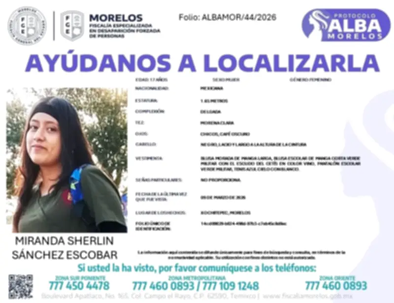 Buscan a estudiante desaparecida en Morelos; autoridades activan Protocolo Alba