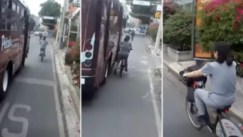 Ciclista en CDMX se salva por centímetros de ser atropellada por camión en carril compartido