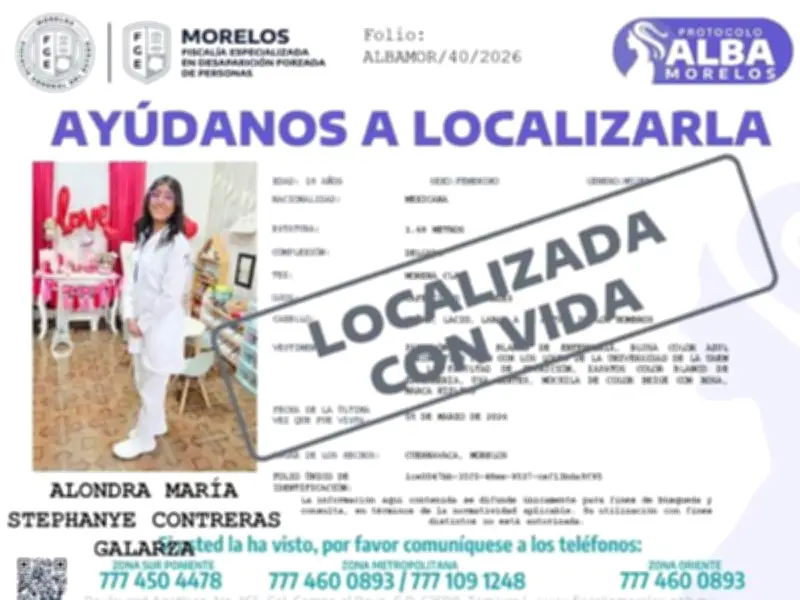 Encuentran con vida a estudiante de nutrición de la UAEM reportada como desaparecida