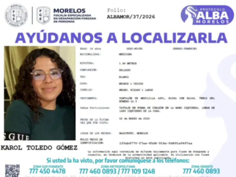 Fiscalía de Morelos activa protocolo de búsqueda por desaparición de Karol Toledo Gómez