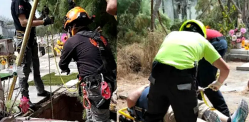 Hombre cae a tumba abierta en panteón de Monterrey: rescatado tras caída de 4 metros