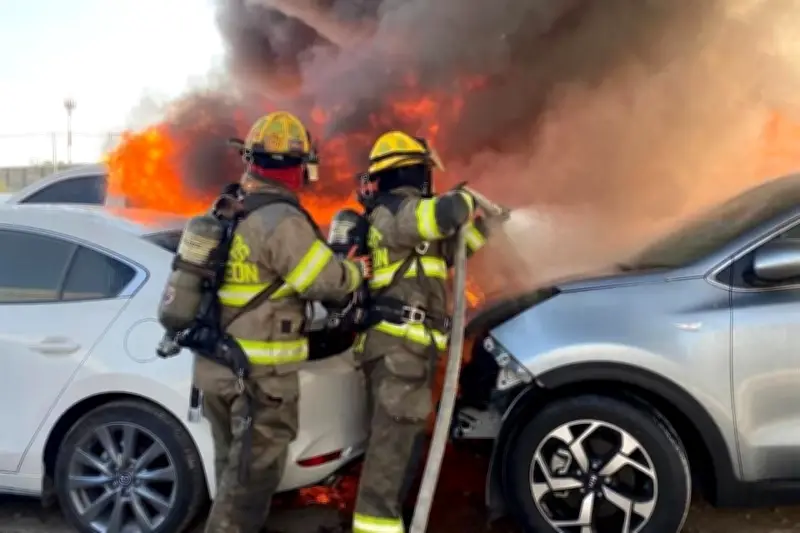 Incendio consume terreno de aseguradora y destruye 30 vehículos en Nuevo León