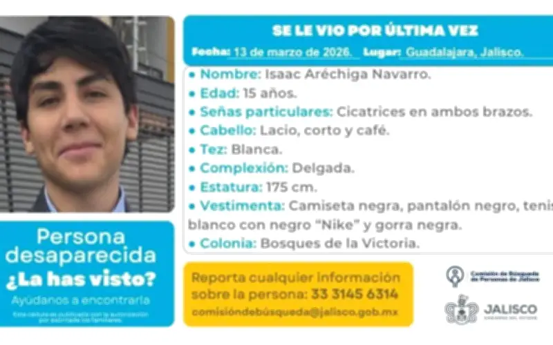 Jalisco: Activan Búsqueda Urgente de Isaac Aréchiga Navarro, Adolescente Desaparecido