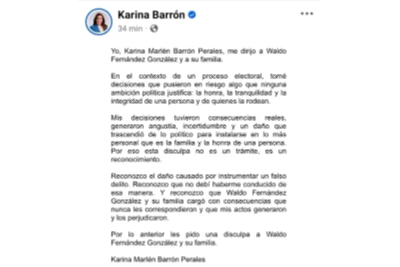 Karina admite fabricar delito contra Waldo y ofrece disculpa pública