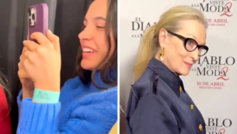 Meryl Streep recrea icónica mirada de Miranda Priestly ante fan con suéter azul en CDMX