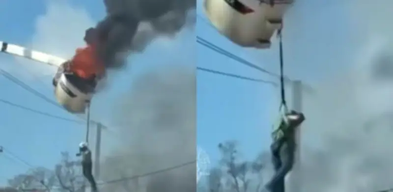 Trabajador lucha por su vida colgando de camión elevador en llamas en Baton Rouge