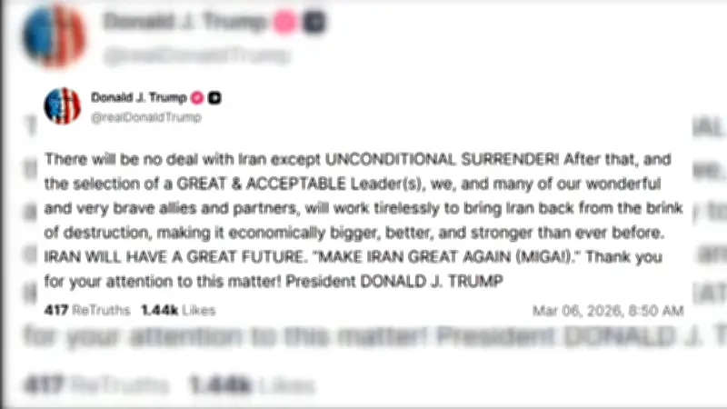 Trump afirma que no habrá acuerdo con Irán excepto si se rinde