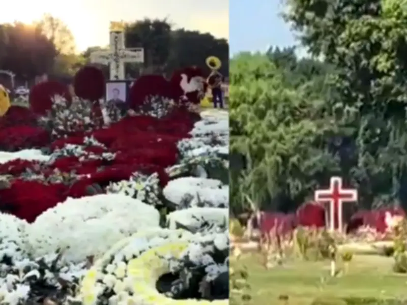 Tumba de El Mencho luce ostentosa con flores y halcones vigilantes en Zapopan
