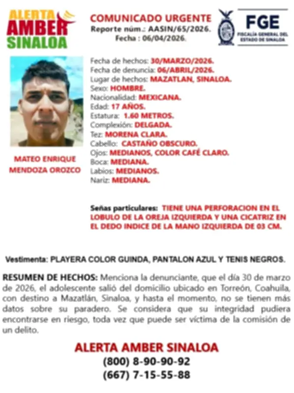 Alerta Amber en Mazatlán por adolescente de Torreón desaparecido en ruta