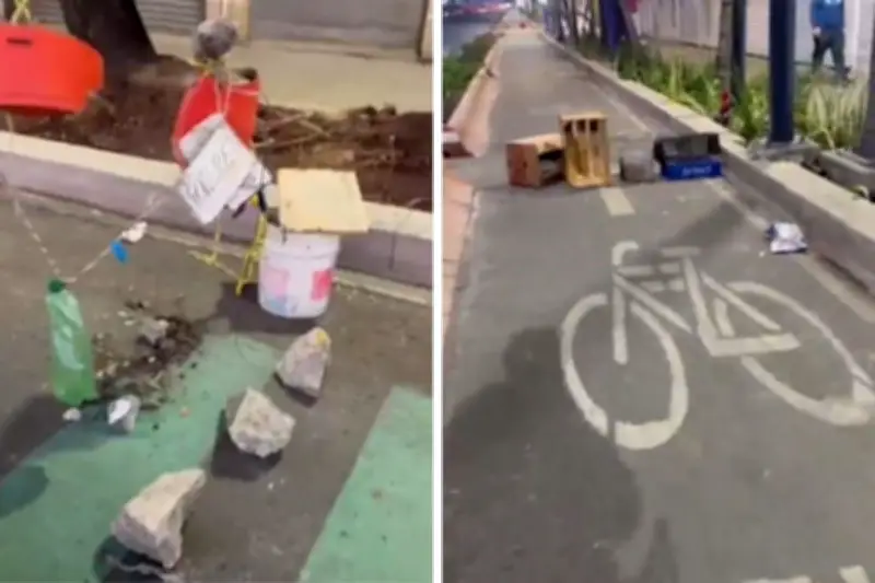 Denuncian colocación de obstáculos en ciclovía de Tlalpan, ponen en riesgo a usuarios