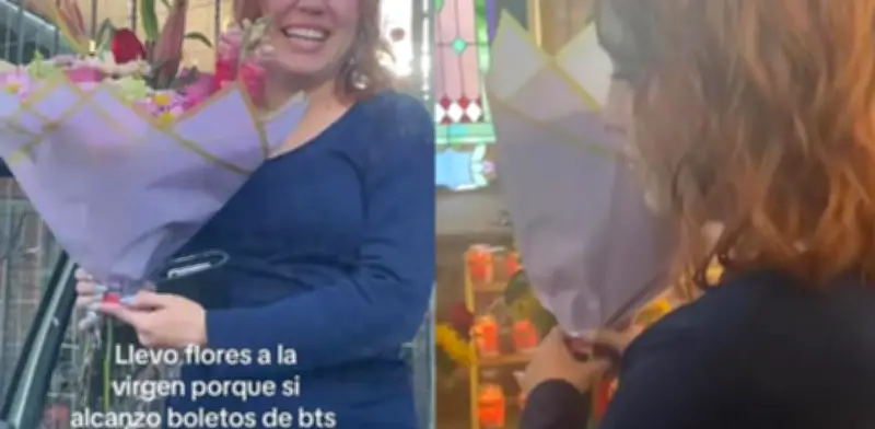 Fan de BTS agradece a la Virgen con flores por boletos
