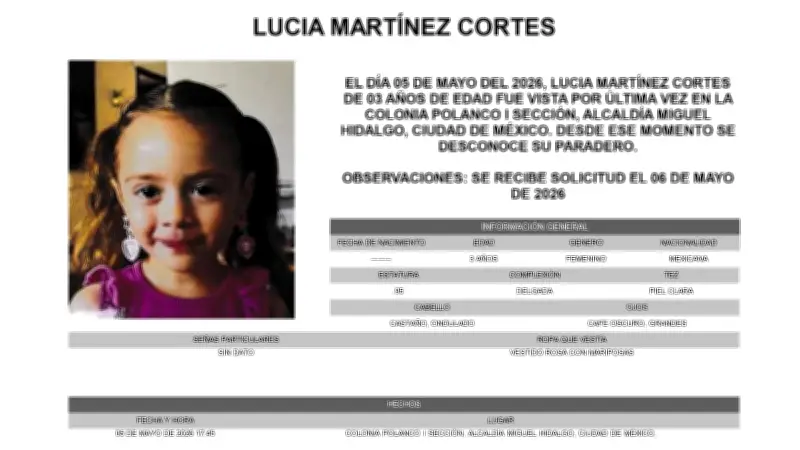 Activan Alerta Amber por Lucía Martínez Cortes, niña de 3 años desaparecida en Polanco