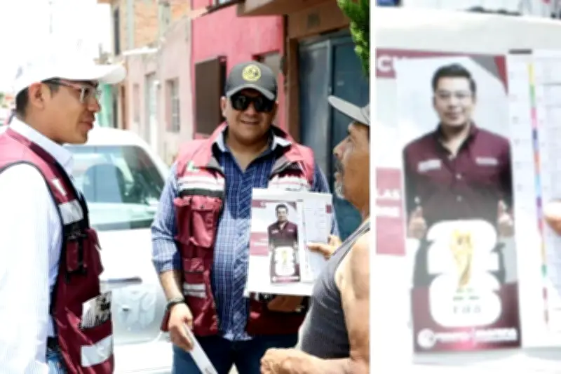 Morenista se promociona en SLP con imágenes mundialistas