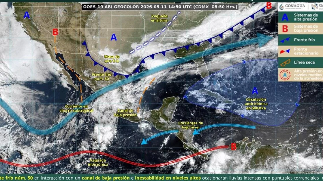 Frente Frío 50 y canales de baja presión provocan clima extremo hoy