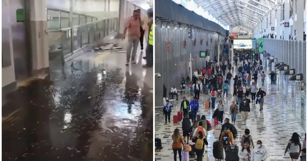 Fuga de aguas negras inunda pasillo de la Terminal 1 del AICM