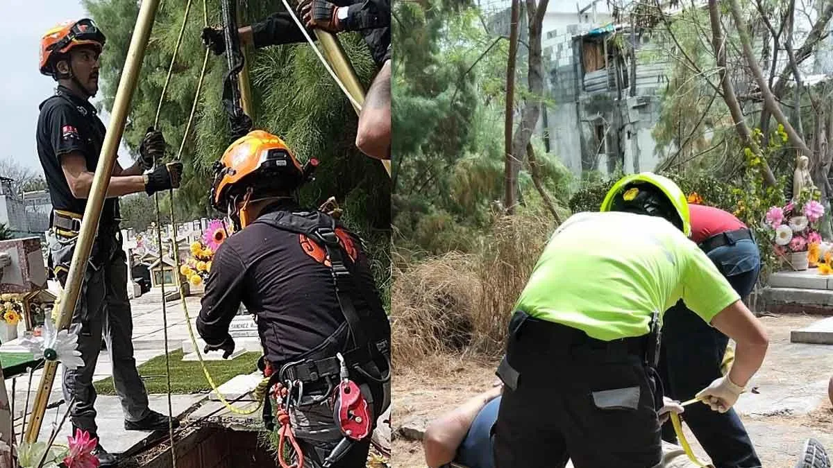 Hombre cae a tumba abierta de cuatro metros en panteón de Monterrey