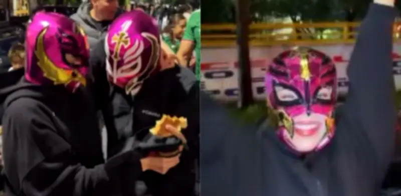 Kenia Os se cuela al Ángel con máscara de luchador para celebrar triunfo de México