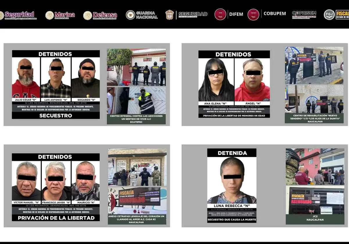 FGJEM detiene a 8 personas y asegura 53 anexos por delitos como privación de la libertad