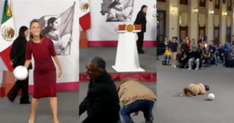 Reportera cae al intentar atrapar balón en La Mañanera; Sheinbaum la auxilia