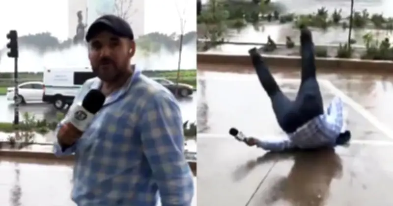 Reportero se cae en vivo al alertar sobre peligros de la lluvia en Guadalajara