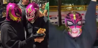 Kenia Os se cuela al Ángel con máscara de luchador para celebrar triunfo de México