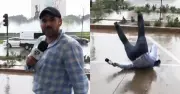 Reportero se cae en vivo al alertar sobre peligros de la lluvia en Guadalajara